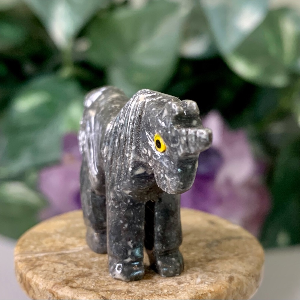 Grey Soapstone Carved Unicorn Figurine Miniature Stone Animal Carving Yellow Eye - Picture 3 of 15